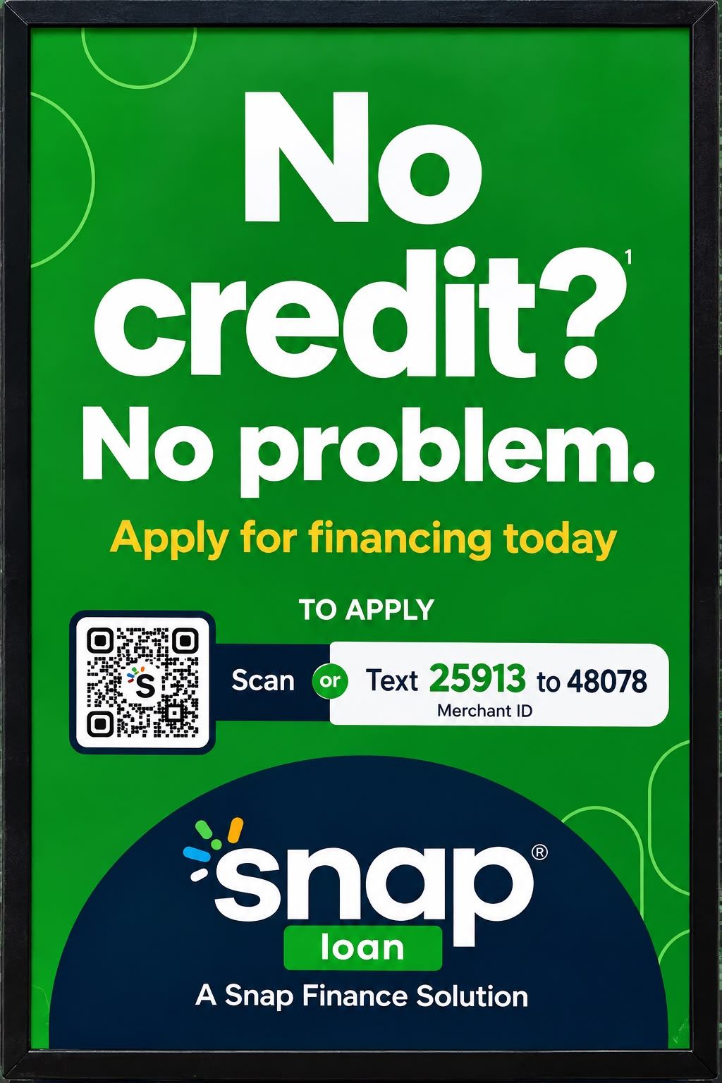 Snap Finance sign at Hoover & 9 Mile Auto Repair reading: No credit? No problem. Apply for financing today. To apply: scan, or text 25913 to 48078. Merchant ID. Snap loan, a Snap Finance solution.